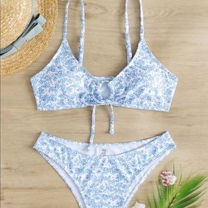 Blue and White Ditsy Floral Tie-Front Bikini Set